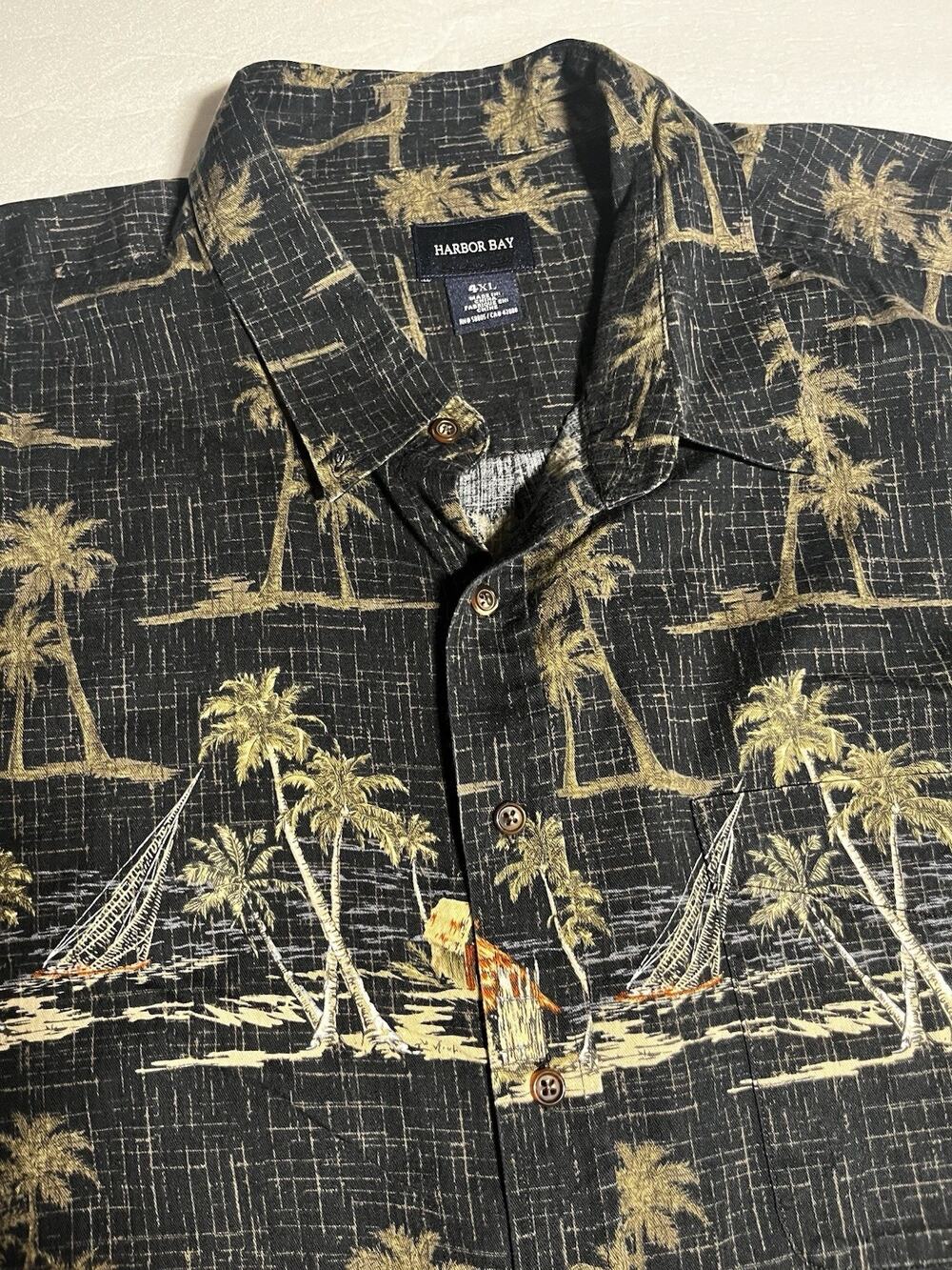 Harbor Bay Mens 4XL Hawaiian Shirt Palm Tree Sailboat Tropical Embroidered 4X